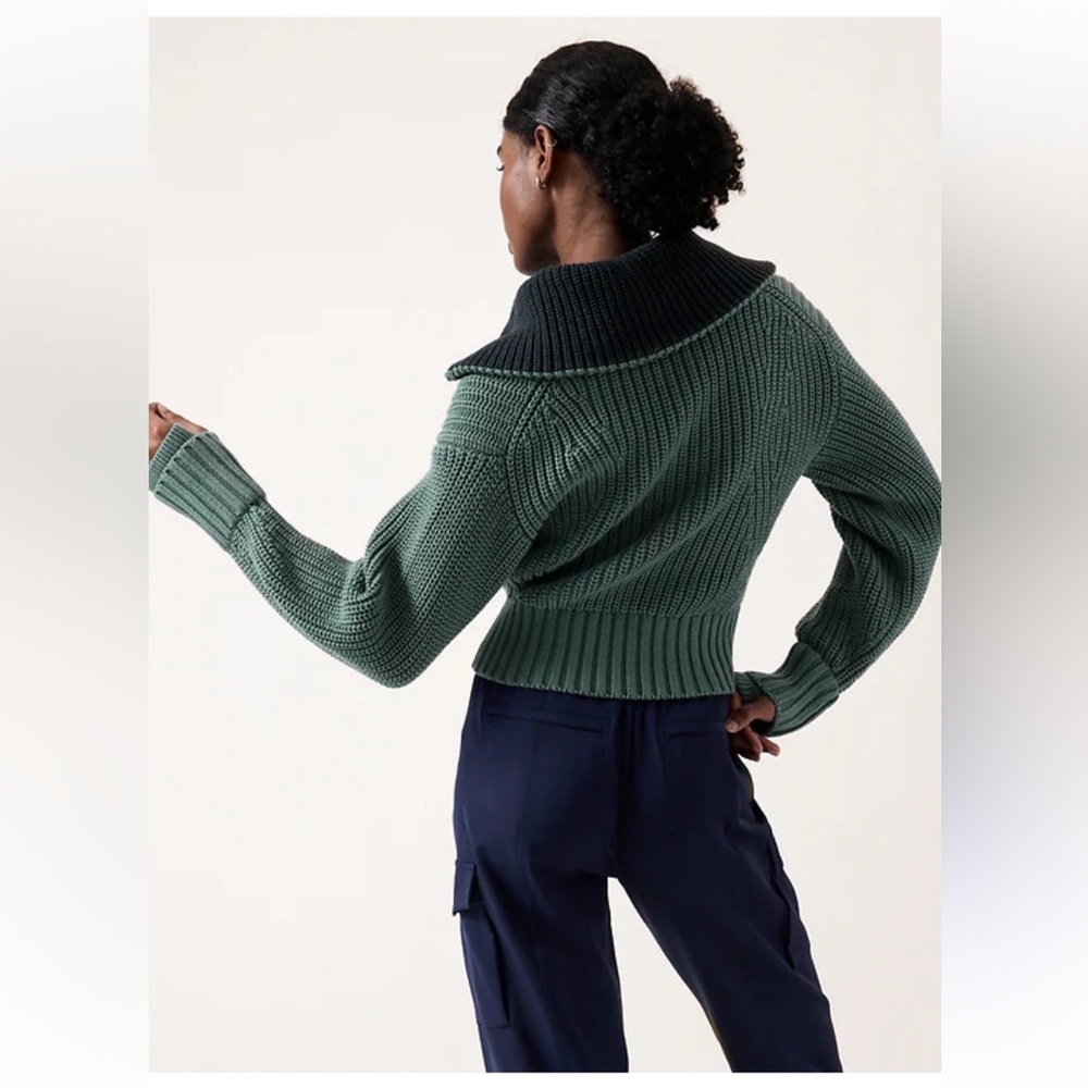Athleta Alder Half Zip Ribbed Sweater Green Navy Collar Cropped Women's L NWT - Picture 2 of 6